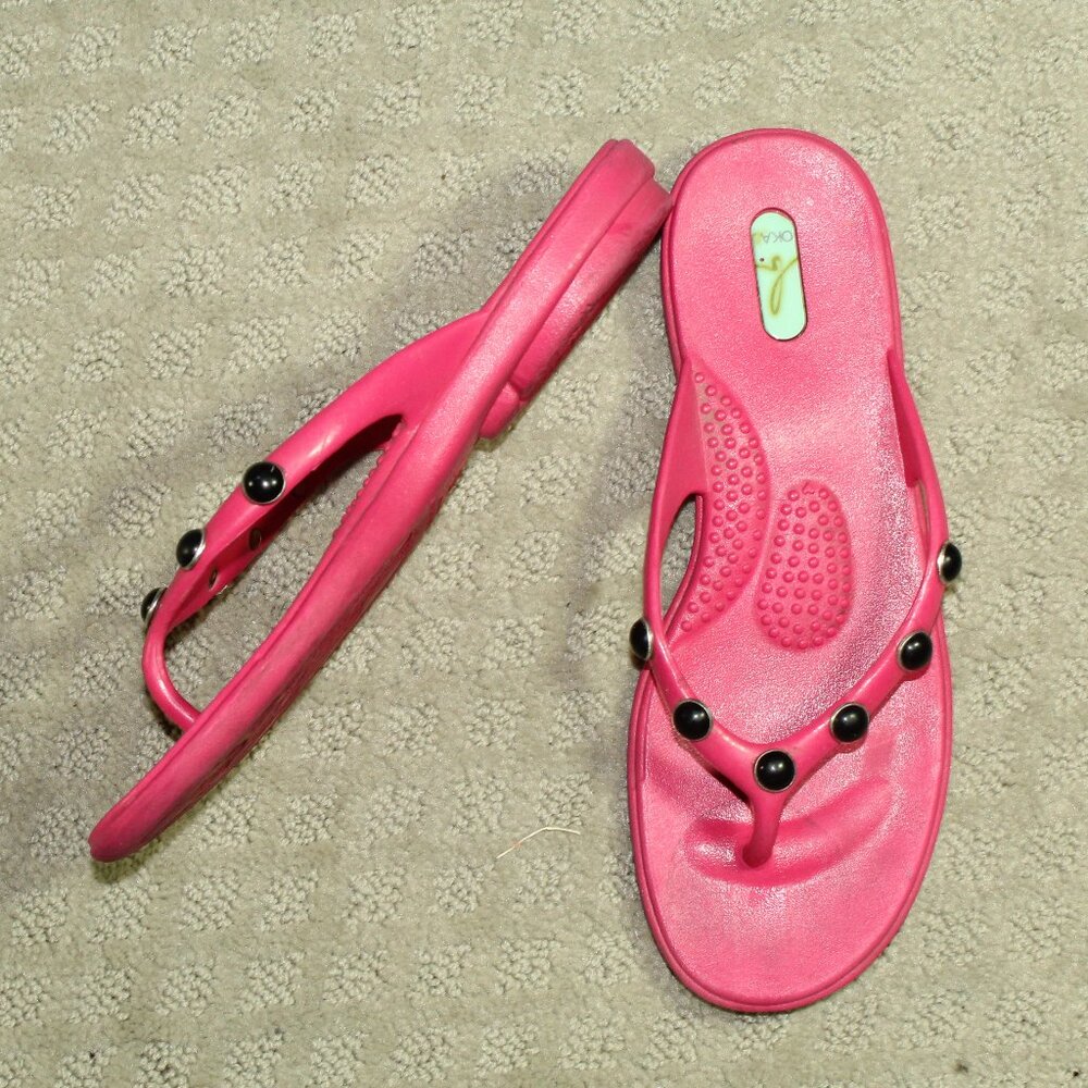 Oka-B Women's 6-7 Pink Rubber Black Bead Embellished Thong Sandal